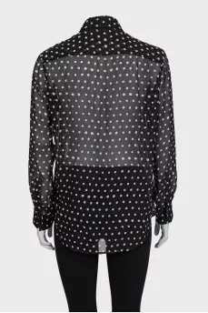 Black translucent silk blouse with white polka dots