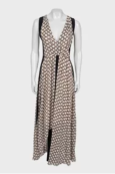Sleeveless silk dress with printed inserts