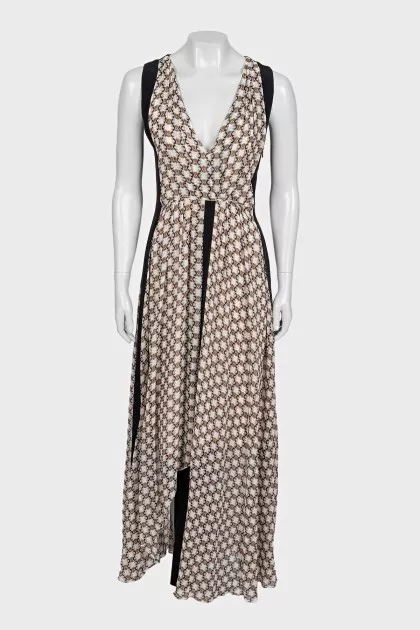 Sleeveless silk dress with printed inserts