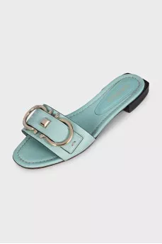 Blue leather flip-flops with gold trim