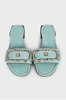 Blue leather flip-flops with gold trim