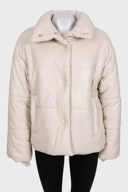 Beige eco-leather down jacket with tag