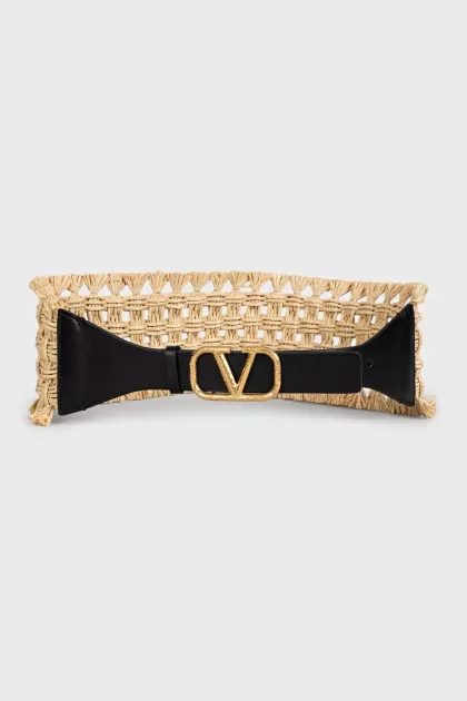 Wide leather and raffia belt