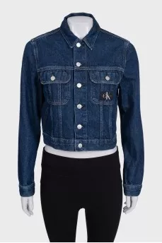 Cropped blue denim jacket with tag