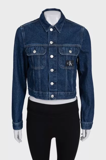 Cropped blue denim jacket with tag