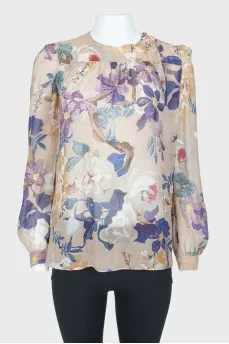 Beige silk floral pattern blouse