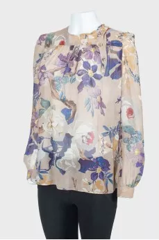 Beige silk floral pattern blouse