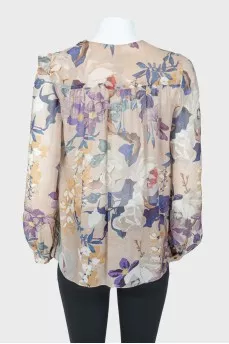 Beige silk floral pattern blouse