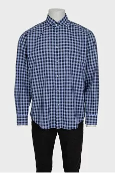 Men's blue straight-cut checkered shirt