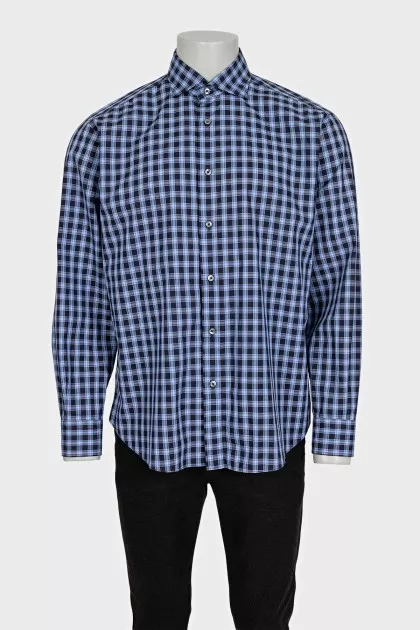 Men's blue straight-cut checkered shirt