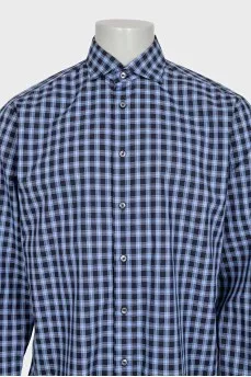 Men's blue straight-cut checkered shirt