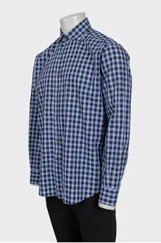 Men's blue straight-cut checkered shirt