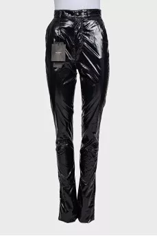 Black patent leather trousers with tag