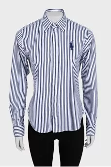 White shirt with blue stripes and logo