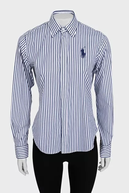 White shirt with blue stripes and logo