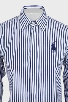 White shirt with blue stripes and logo