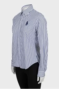 White shirt with blue stripes and logo