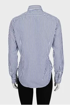 White shirt with blue stripes and logo