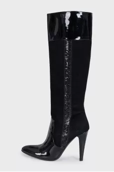 Black suede patent toe heeled boots