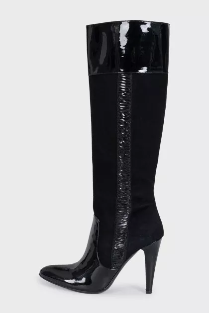 Black suede patent toe heeled boots