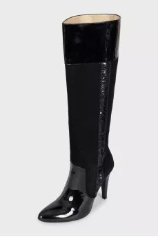 Black suede patent toe heeled boots