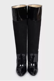 Black suede patent toe heeled boots