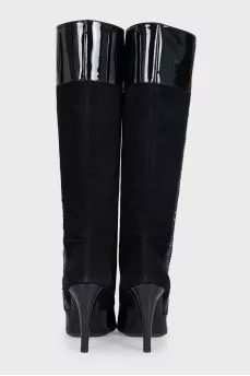 Black suede patent toe heeled boots