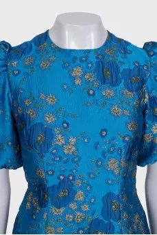 Blue floral print dress with an open back
