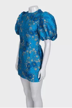 Blue floral print dress with an open back