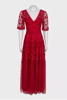 Long red dress with floral lace