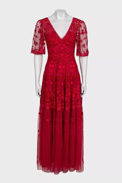 Long red dress with floral lace