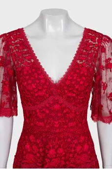 Long red dress with floral lace