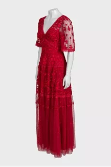 Long red dress with floral lace