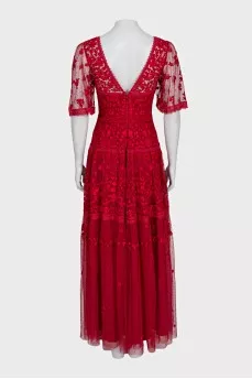 Long red dress with floral lace