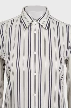 White shirt with striped print and tag