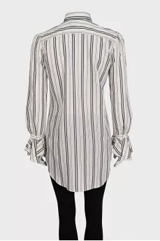 White shirt with striped print and tag