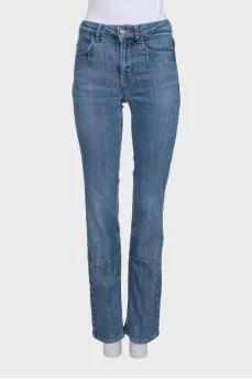 Light blue straight leg jeans with gold jacron