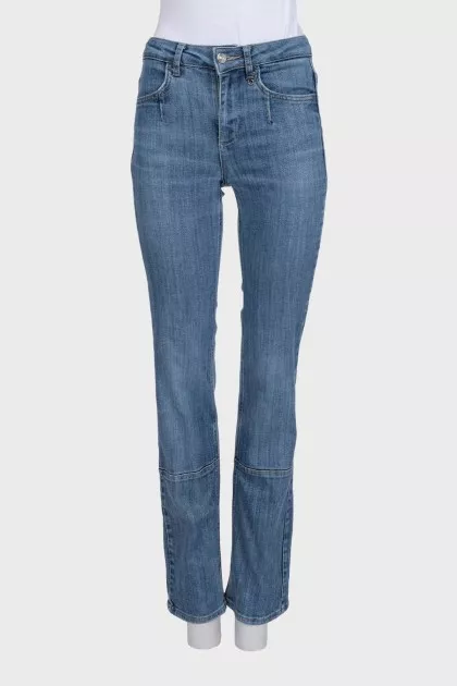 Light blue straight leg jeans with gold jacron