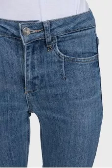 Light blue straight leg jeans with gold jacron