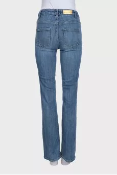 Light blue straight leg jeans with gold jacron