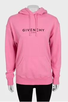 Pink hoodie with a hood and a branded logo