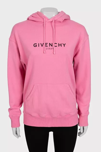 Pink hoodie with a hood and a branded logo