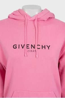 Pink hoodie with a hood and a branded logo