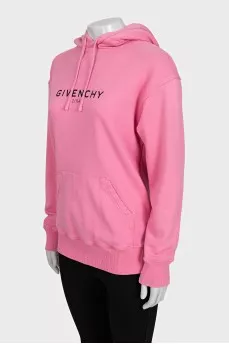 Pink hoodie with a hood and a branded logo