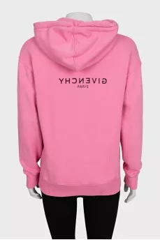 Pink hoodie with a hood and a branded logo
