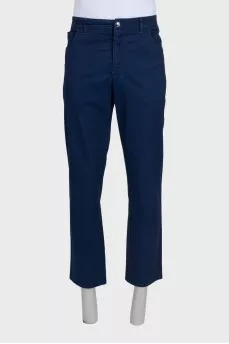 Men's blue trousers with a silver logo