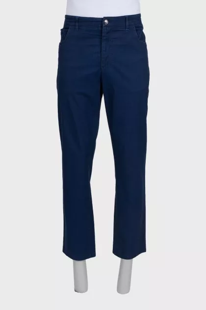 Men's blue trousers with a silver logo