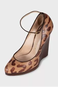 Animal print leather wedge shoes