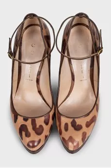 Animal print leather wedge shoes