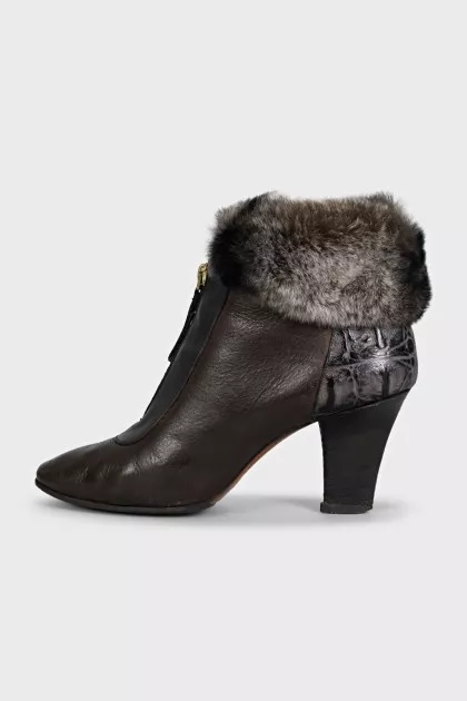 Leather ankle boots with fur trim and heels